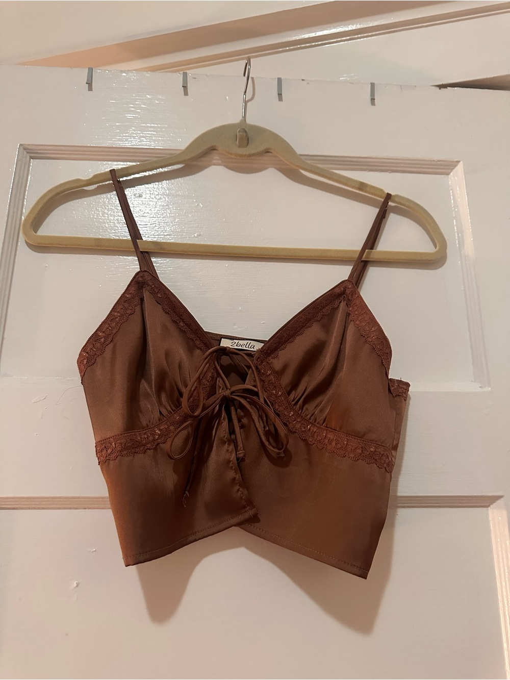 Chocolate Brown Satin Lace-Trim Crop Camisole